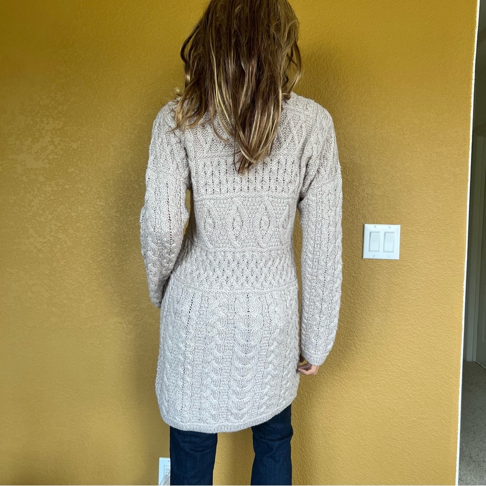 Inis Crafts Merino Wool Long Full-Zip Tunic Cardigan Sweater Beige - Picture 10 of 12